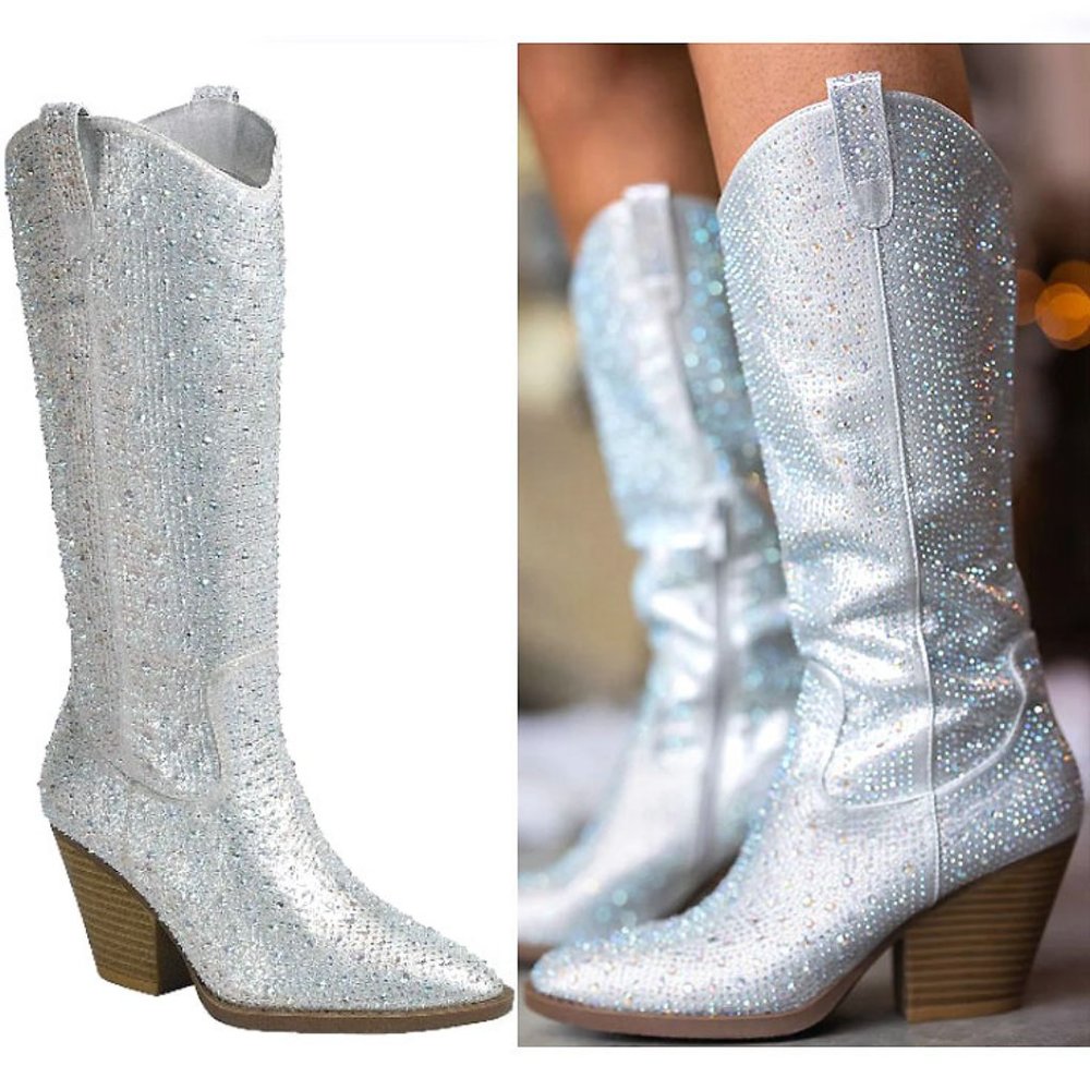 New Silver Blingy Rhinestone Knee High Cowboy Boots